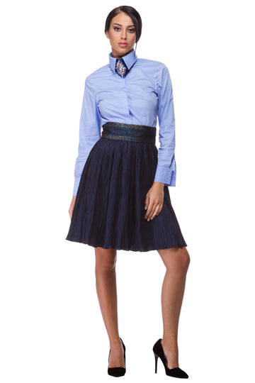 Pleated blue skirt with jacquard belt - WSK-0001